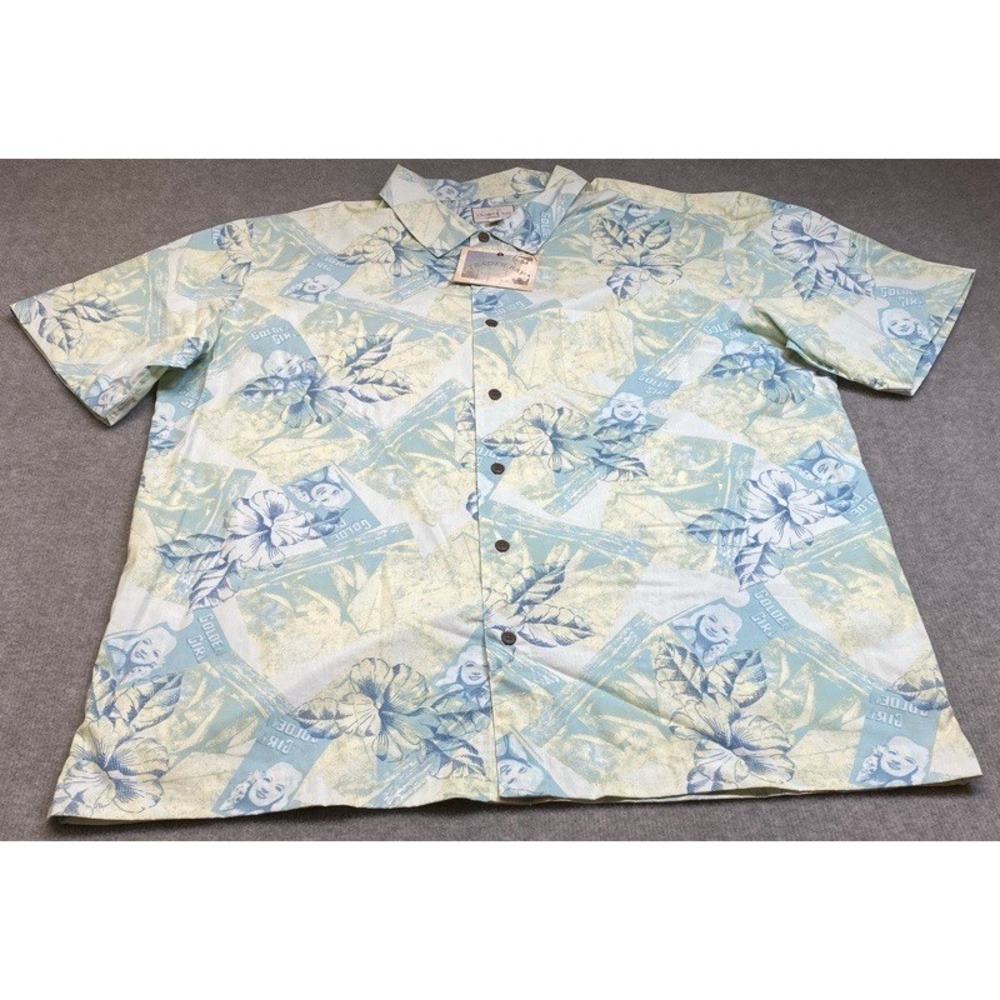 NWT Trader Bay Button Shirt Mens XXL Blue Yellow Tropical Pinup Girl Floral